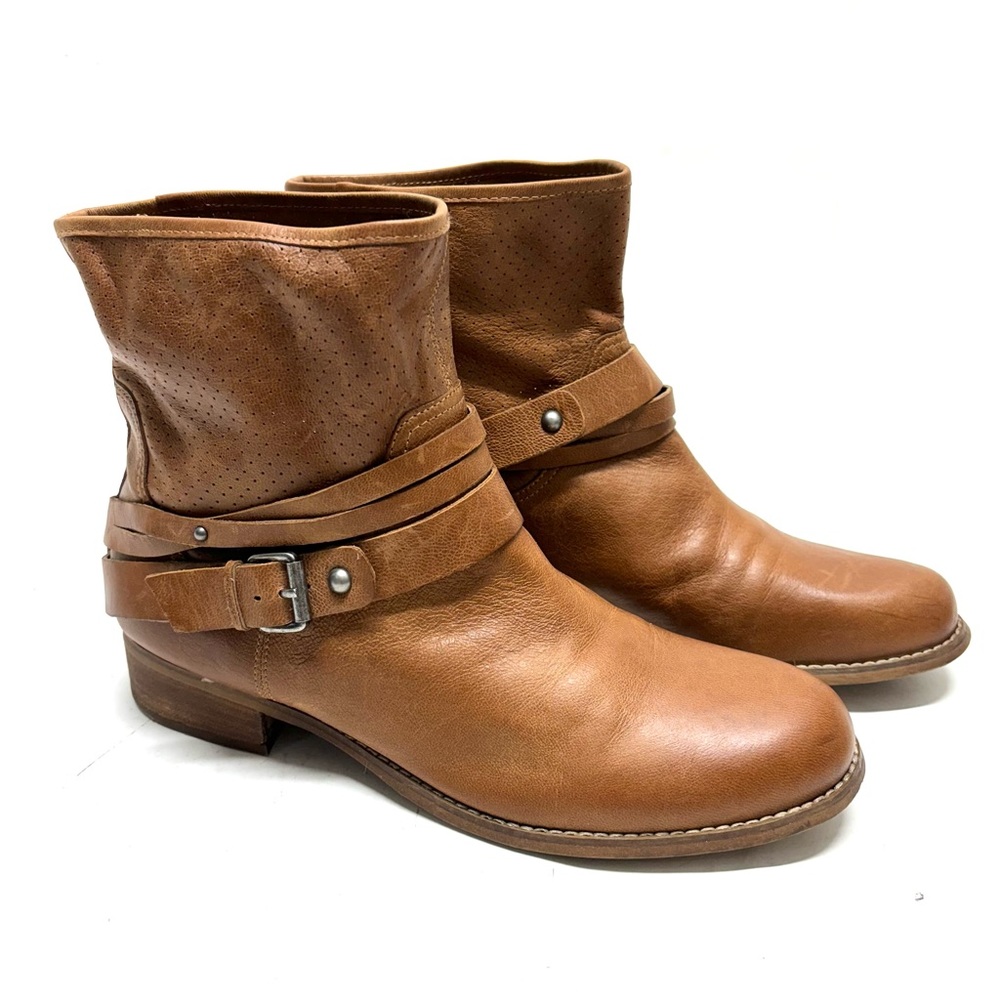 Marc Fisher Rosan Perforated Buckled Ankle Leather Boots Pull On Natural Tan 9.5